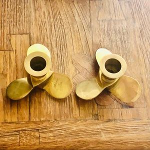 PAIR OF VINTAGE HANDCRAFTED BRASS NAUTICAL PROPELLER CANDLE HOLDERS